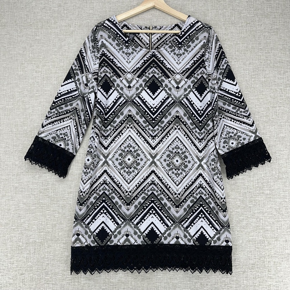 Alfani Dress Womens Medium Black Geo Lace Trim 3/4 Sleeve Shift Knit Short
